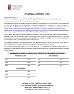 Image of SUB LEASE ASSIGNMENT FORM